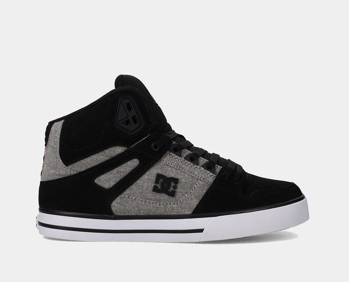 DC Footwear Pure High Top WC sneakers in black and gray with canvas panels and suede overlays, side view.