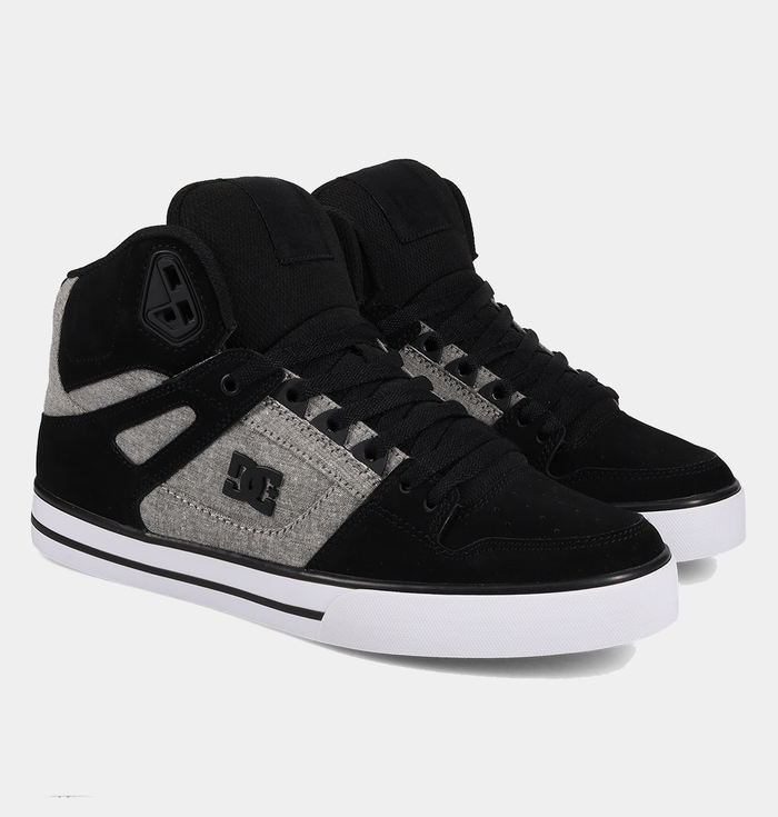 DC Footwear Pure High Top WC sneakers in black and gray with suede and fabric upper, side view showing logo and lace-up closure