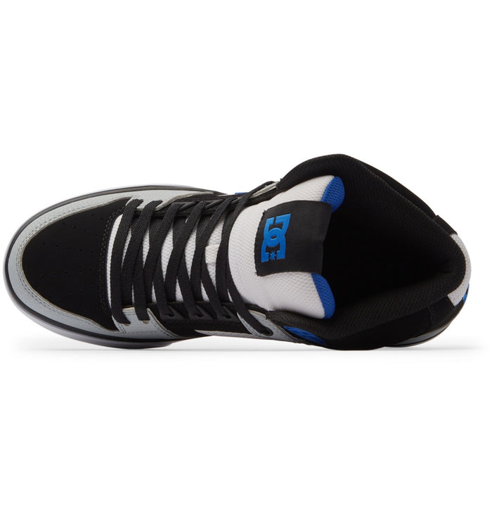 DC Footwear Pure High Top WC sneakers top view showing black and white leather upper with blue accents and padded tongue.