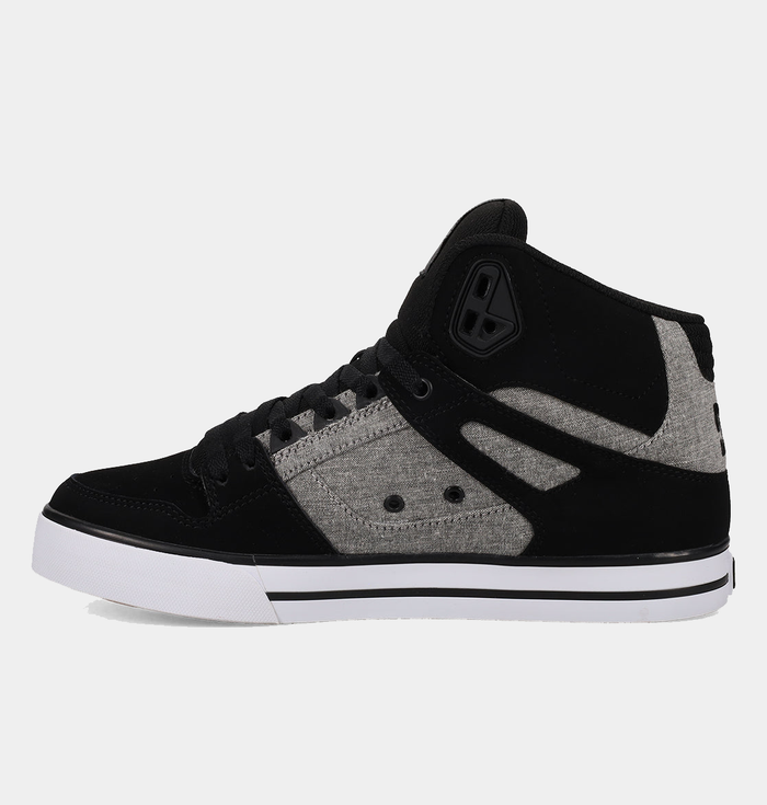 DC Footwear Pure High Top WC sneakers in black and gray with suede overlays, detailed stitching, and white rubber outsole, side view.