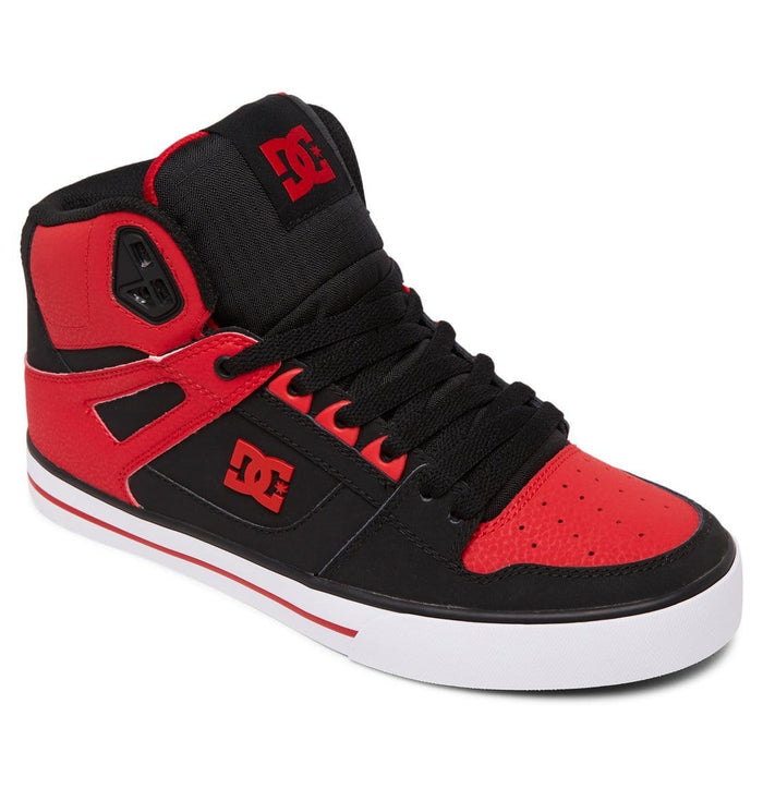 DC Footwear Pure High Top WC sneakers in black and red with perforated toe box, padded collar, and white rubber outsole, side view.