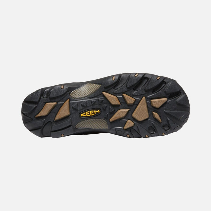 Keen Pyrenees hiking boot outsole in black and brown with rugged grip patterns and durable rubber design.