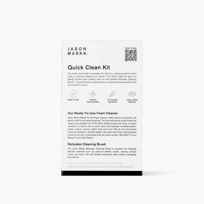Jason Markk Quick Clean Kit featuring 4oz ready-to-use foam cleaner and a delicate cleaning brush in eco-friendly packaging, front view.