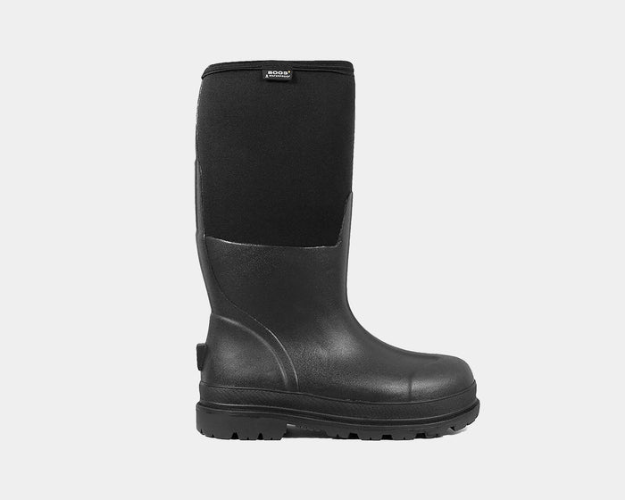 Bogs Rancher boots in black with durable rubber lower and insulated neoprene shaft, side view.