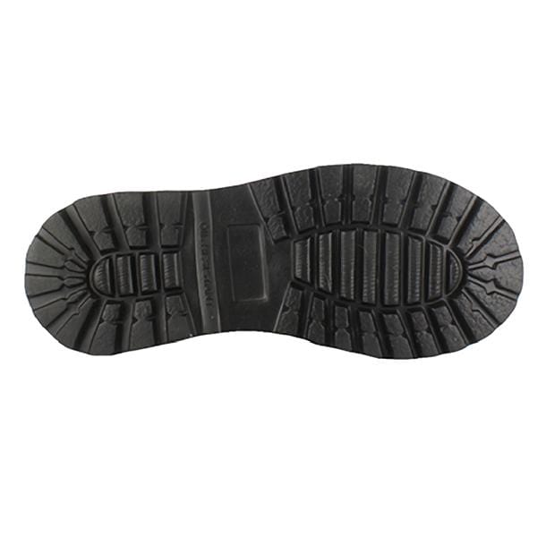 Bogs Rancher boots outsole in black rubber with rugged tread pattern for traction, sole view.