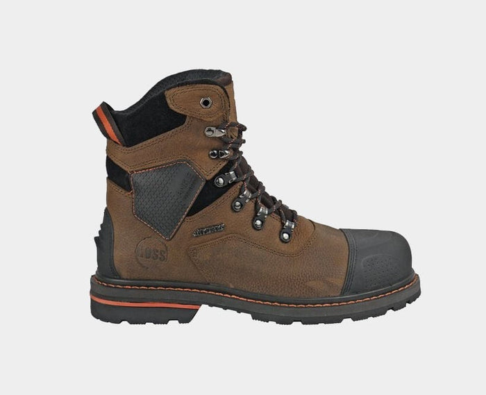 Hoss Range 6" Soft Toe work boot in brown leather with black accents, reinforced toe, durable stitching, and lace-up system, side view.