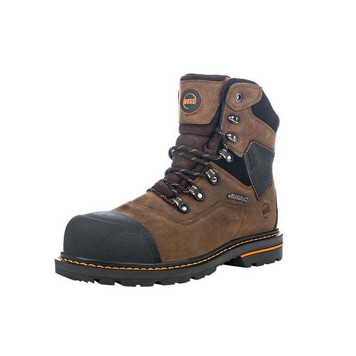 Hoss Range 6" Soft Toe work boot in brown leather with black reinforced toe and lace-up design, side perspective.