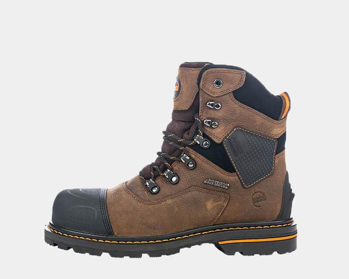 Hoss Range 6" Soft Toe work boots in brown leather with black toe guard, durable lace system, and orange accents, side view.