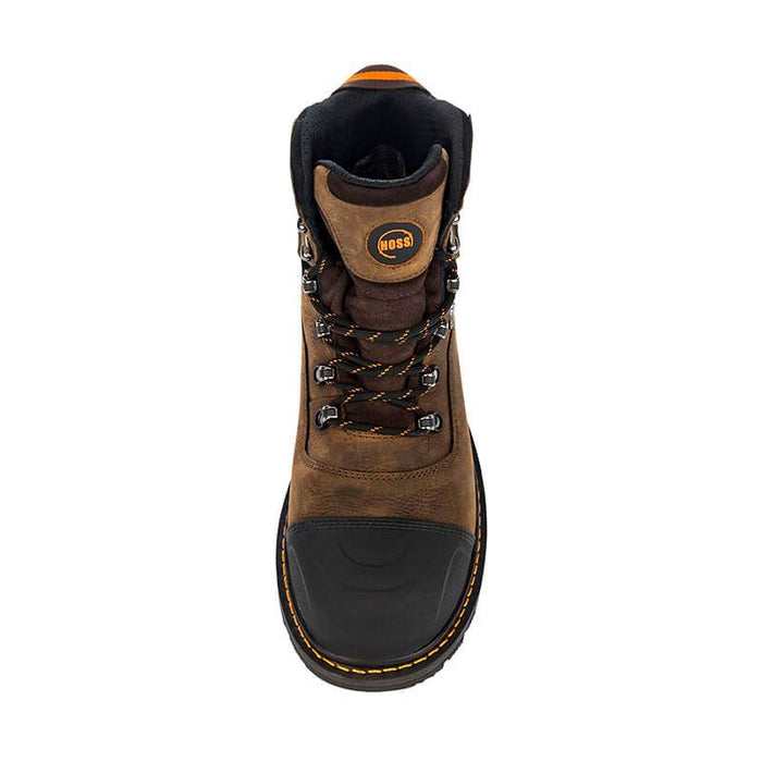 Hoss Range 6" Soft Toe work boot in brown and black with reinforced toe, metal eyelets, and contrast stitching, top view.