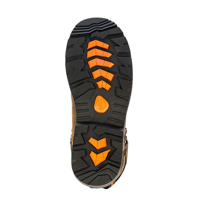 Hoss Range 6" Soft Toe work boots outsole with slip-resistant tread and orange accents in black rubber, bottom view.