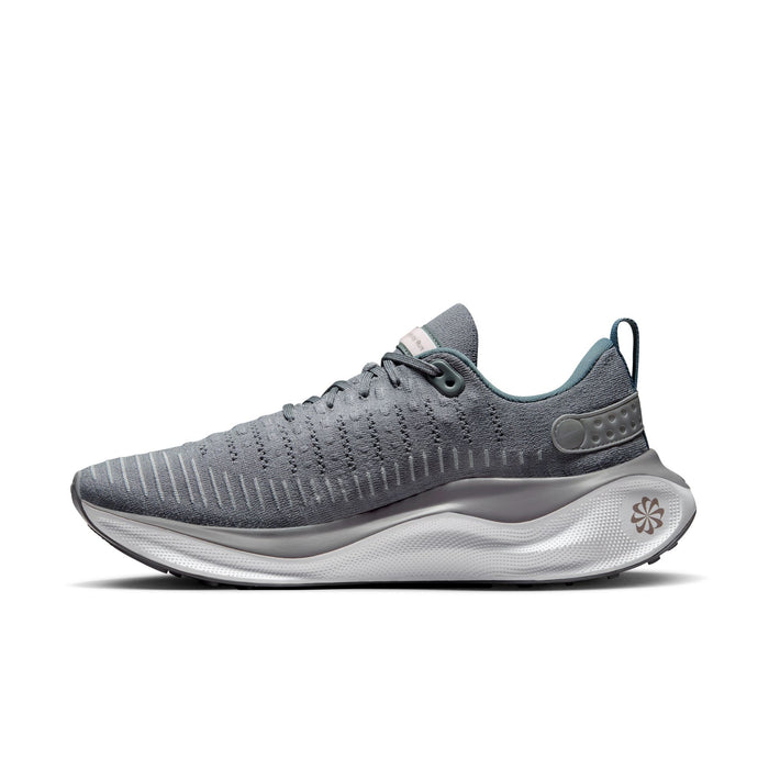 Nike React Infinity Run 4 running shoes, gray with breathable knit upper, cushioned React foam midsole, and side profile view.