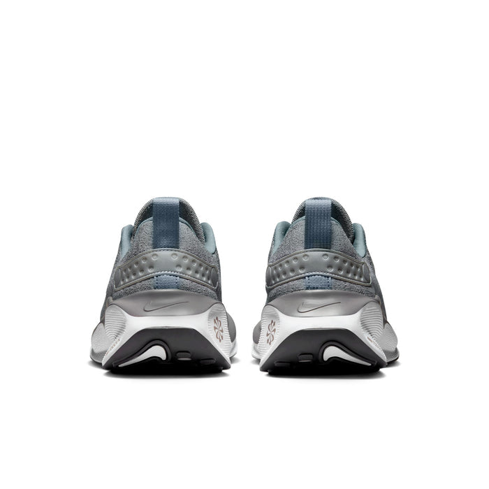 Nike React Infinity Run 4 running shoes back view featuring gray and blue upper, padded heel collar, and textured design.