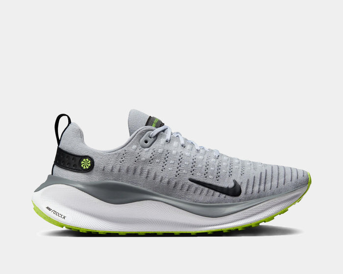 Nike React Infinity Run Flyknit 4 running shoes in gray with Flyknit upper, black Swoosh logo, and green outsole accents, side view.