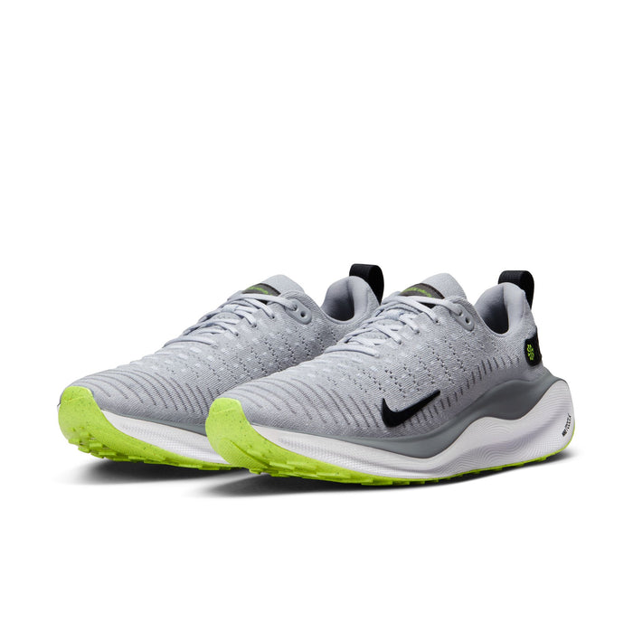 Nike React Infinity Run Flyknit 4 running shoes in light gray with breathable Flyknit upper, neon green outsole accents, and black swoosh logo, front angle view.