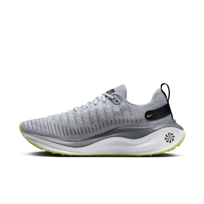 Nike React Infinity Run Flyknit 4 running shoes in light gray with Flyknit upper, cushioned midsole, and lime green outsole, side view.