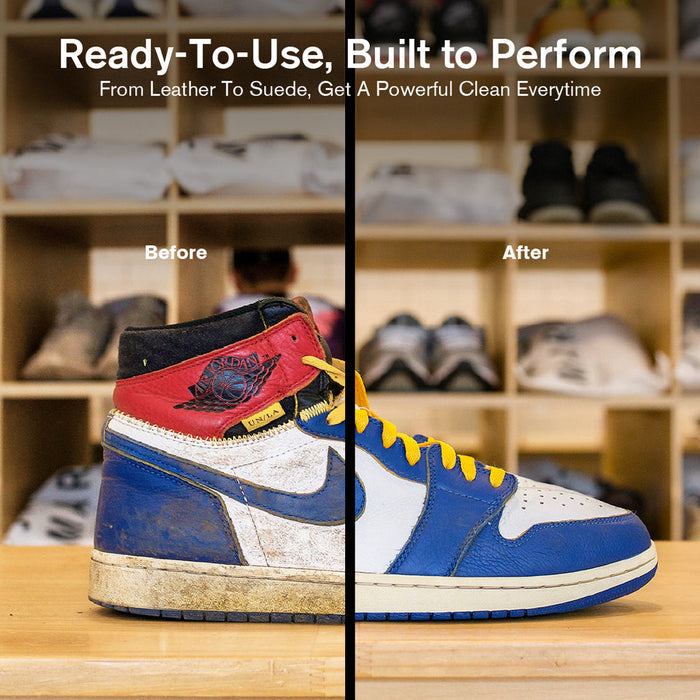 Jason Markk Ready-To-Use Clean Kit showcasing before-and-after cleaning results on sneakers, highlighting restored vibrancy and dirt removal.