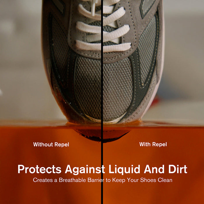 Jason Markk Ready-To-Use Clean Kit demonstrating liquid protection with comparison of untreated and treated mesh sneaker.
