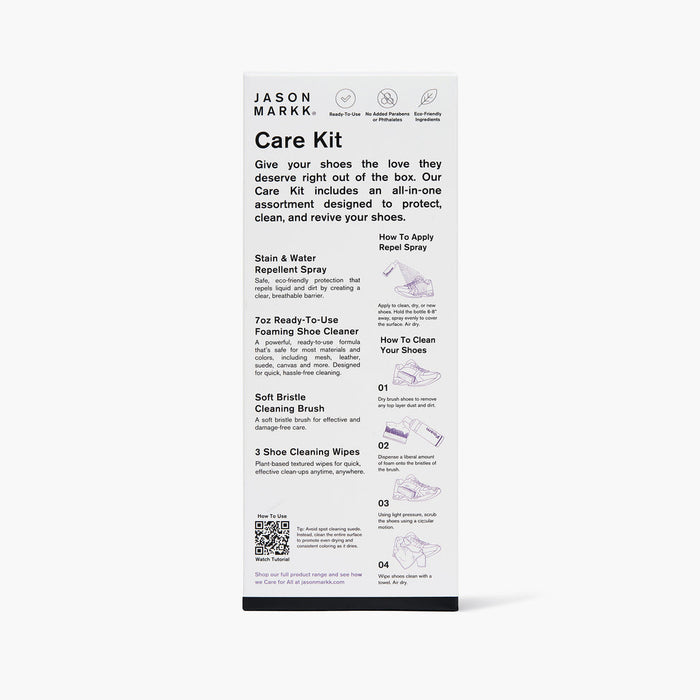 Jason Markk Ready-To-Use Clean Kit, all-in-one shoe care set featuring stain repellent spray, foaming shoe cleaner, soft bristle brush, and cleaning wipes, front view showing product details.