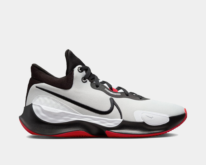 Nike Renew Elevate 3 basketball shoes in white, black, and red with mesh upper, cushioned midsole, and side view design.