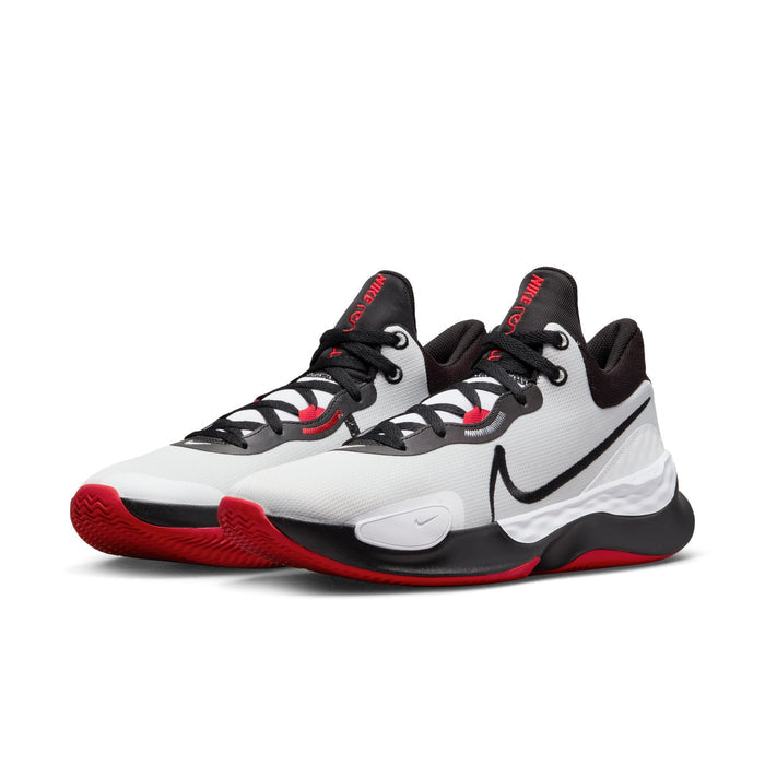 Nike Renew Elevate 3 basketball shoes in white, black, and red with mesh upper, bold swoosh logo, and cushioned midsole, front angled view.