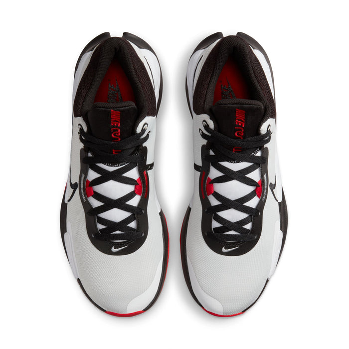 Nike Renew Elevate 3 basketball shoes, top view showing black, white, and red mesh upper with lace-up closure and padded collar