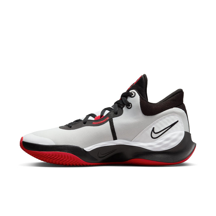 Nike Renew Elevate 3 basketball shoes in white, black, and red with mesh upper and cushioned midsole, side view.