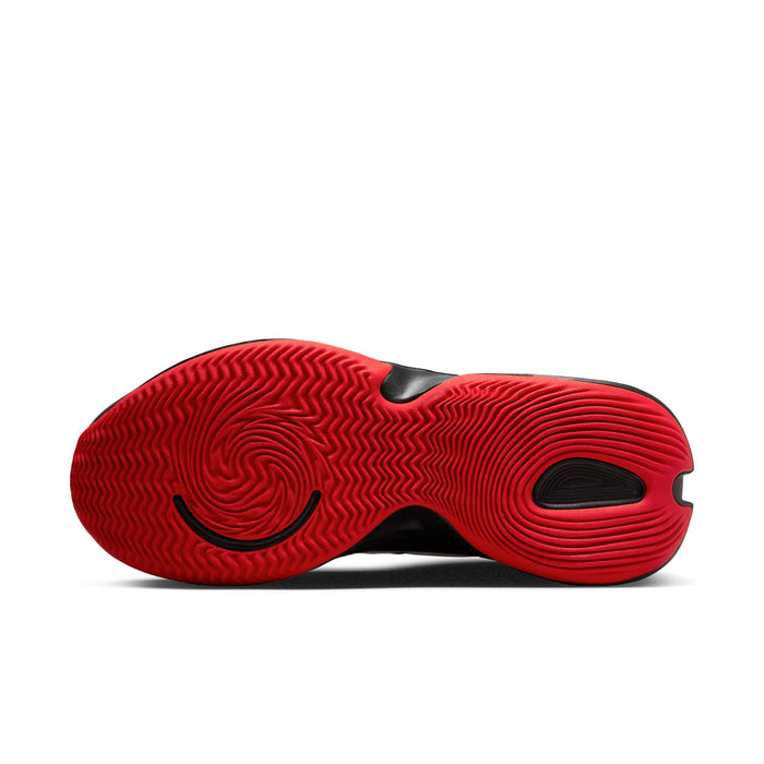 Nike Renew Elevate 3 basketball shoes outsole with textured red rubber and black detailing, sole/bottom view.