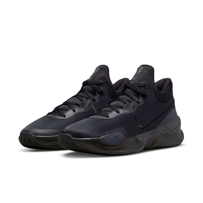 Nike Renew Elevate 3 basketball shoes in black featuring a mesh upper, lace-up closure, cushioned midsole, and Swoosh detailing, front side view.