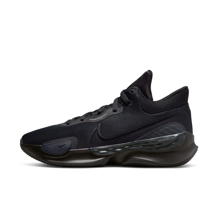 Nike Renew Elevate 3 basketball shoes in black with mesh upper, cushioned midsole, and sleek Nike Swoosh logo, side view.