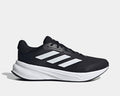 Adidas Response running shoes in black with white three-stripe design, lightweight mesh upper, and cushioned sole, side view.
