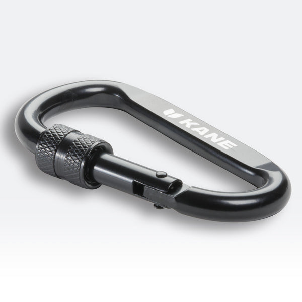 Kane Revive carabiner in black with a knurled screw-lock mechanism and Kane branding, side view.