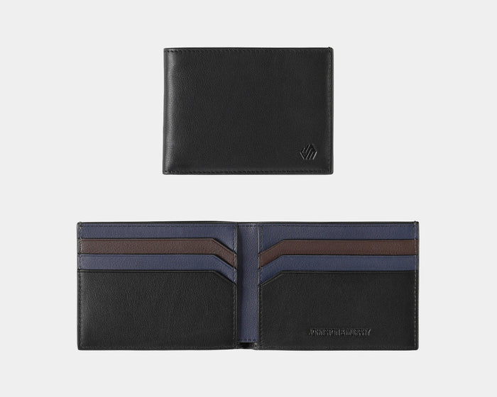Johnston & Murphy Richmond Billfold Wallet in black leather with embossed logo, featuring brown and navy interior card slots, front and open views.