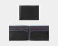 Johnston & Murphy Richmond Billfold Wallet in black leather with embossed logo, featuring brown and navy interior card slots, front and open views.