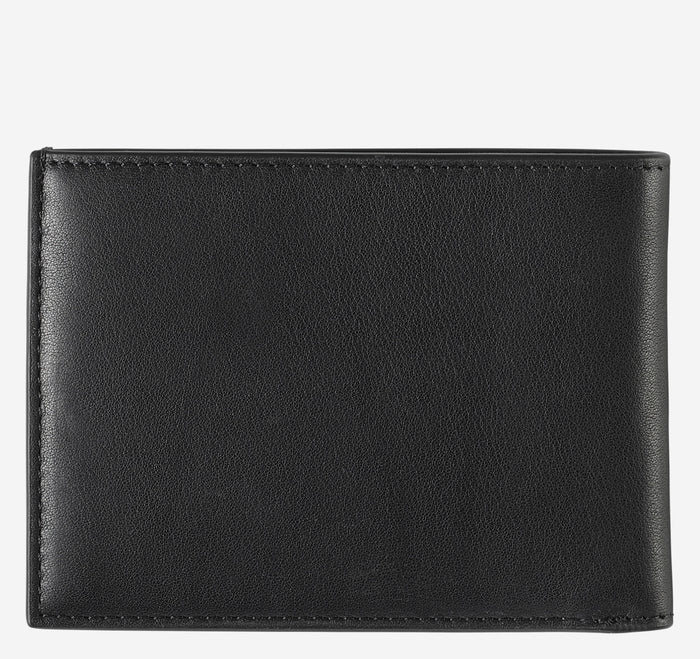 Johnston & Murphy Richmond Billfold Wallet in black leather with smooth finish and minimalist stitching, front view.