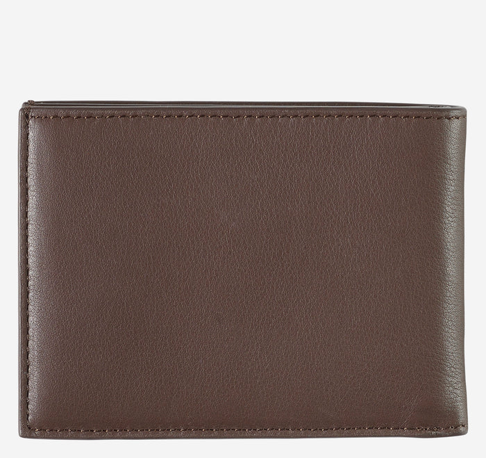 Johnston & Murphy Richmond Billfold Wallet in dark brown leather with stitched edges, front view.