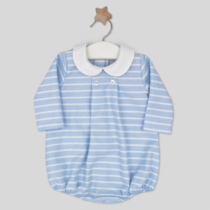 Blue and white striped baby romper on a hanger against a light gray background