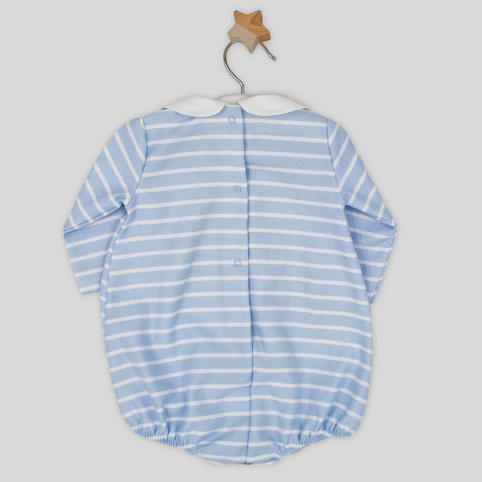 Blue and white striped baby romper on a hanger against a light gray background
