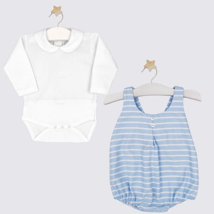 White long-sleeve shirt and blue striped romper on hangers against a white background