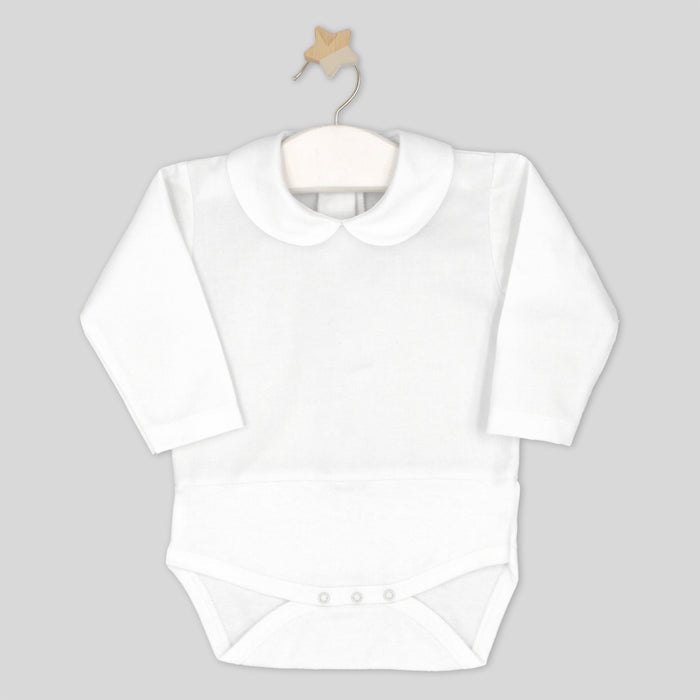 White baby bodysuit with Peter Pan collar on a gray background