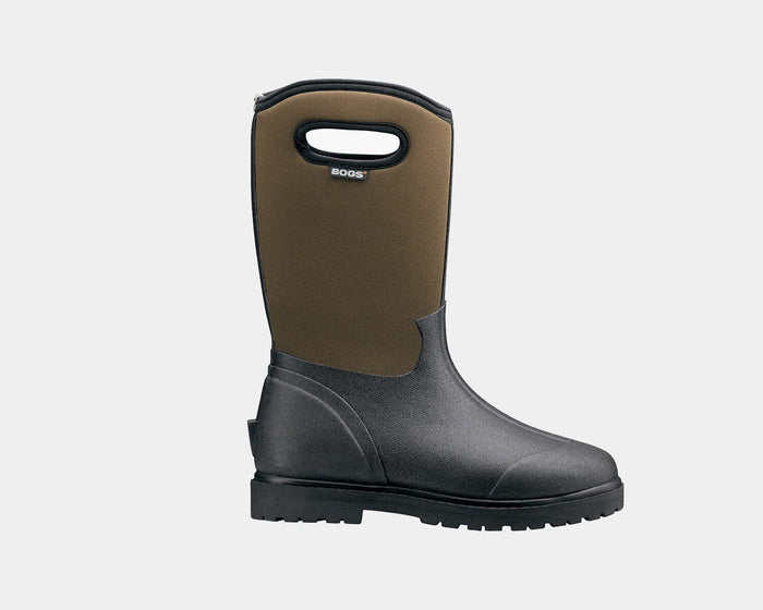 Bogs Roper boots in brown and black with durable rubber foot, pull-on handles, and rugged outsole, side view.