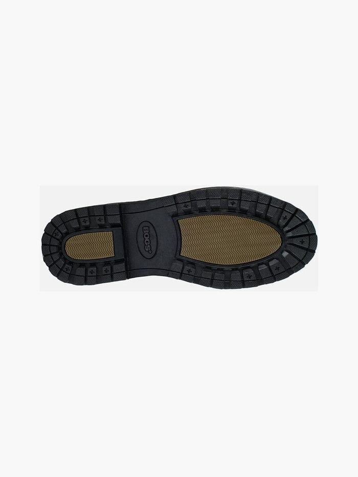Bogs Roper boot outsole in black rubber with treaded grip and textured tan inserts, bottom view.
