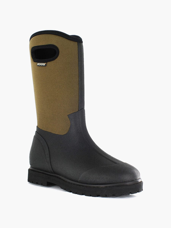 Bogs Roper boots in olive green and black with pull handles and waterproof construction, side view.