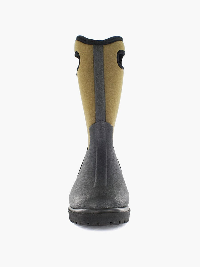 Bogs Roper boots in black and brown with pull-on handles and durable waterproof construction, front view.