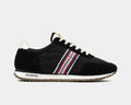 SeaVees Royal Runner sneakers in black with red, white, and blue striped side detailing and textured gum sole, side view.