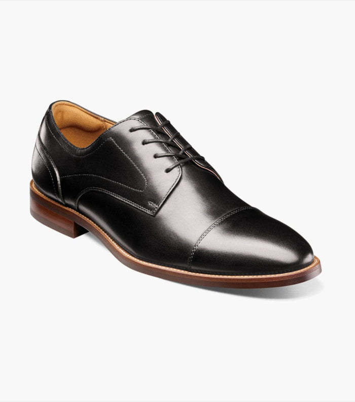 Florsheim Rucci Cap Oxford dress shoe in black leather with cap toe design and stacked brown heel, side angled view.