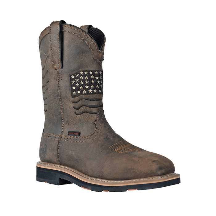 Hoss Rushmore Comp Toe Western Boot in distressed brown leather with American flag stitching, waterproof design, side view.