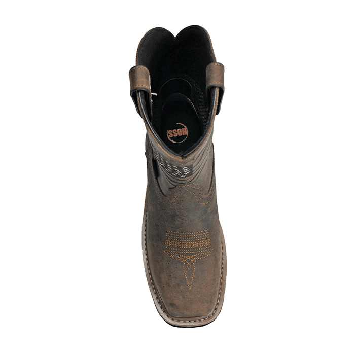 Hoss Rushmore Comp Toe Western Boot in distressed brown leather with intricate stitching details, top view showing pull straps and branded insole.