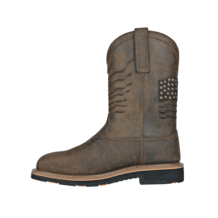 Hoss Rushmore Comp Toe Western Boot in distressed brown leather with embroidered American flag design, side view.