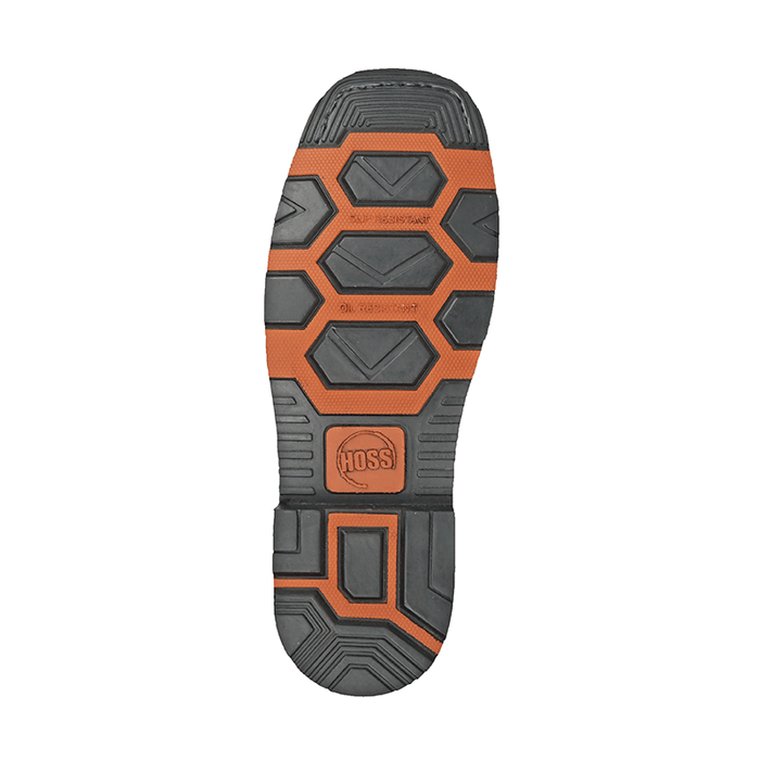 Hoss Rushmore Comp Toe Western Boot outsole featuring oil-resistant black and orange rubber tread, bottom view.