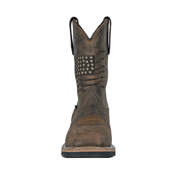 Hoss Rushmore Comp Toe Western Boot in distressed brown leather with American flag stitching on shaft, front view.